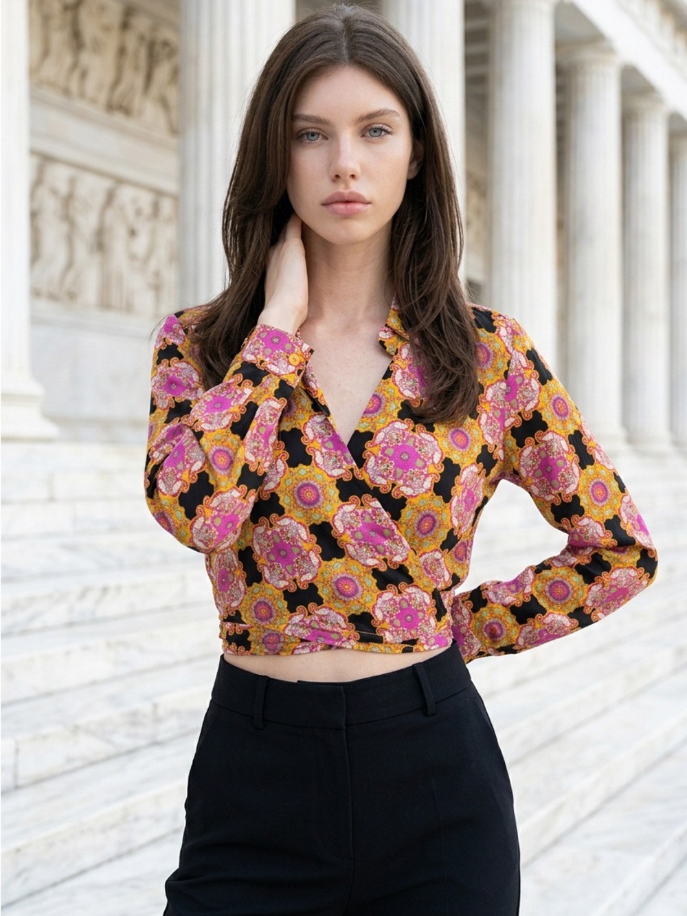 Haute Hippie Womens Small Multi Crop Blouse Surplice Collared Long Sleeve Top